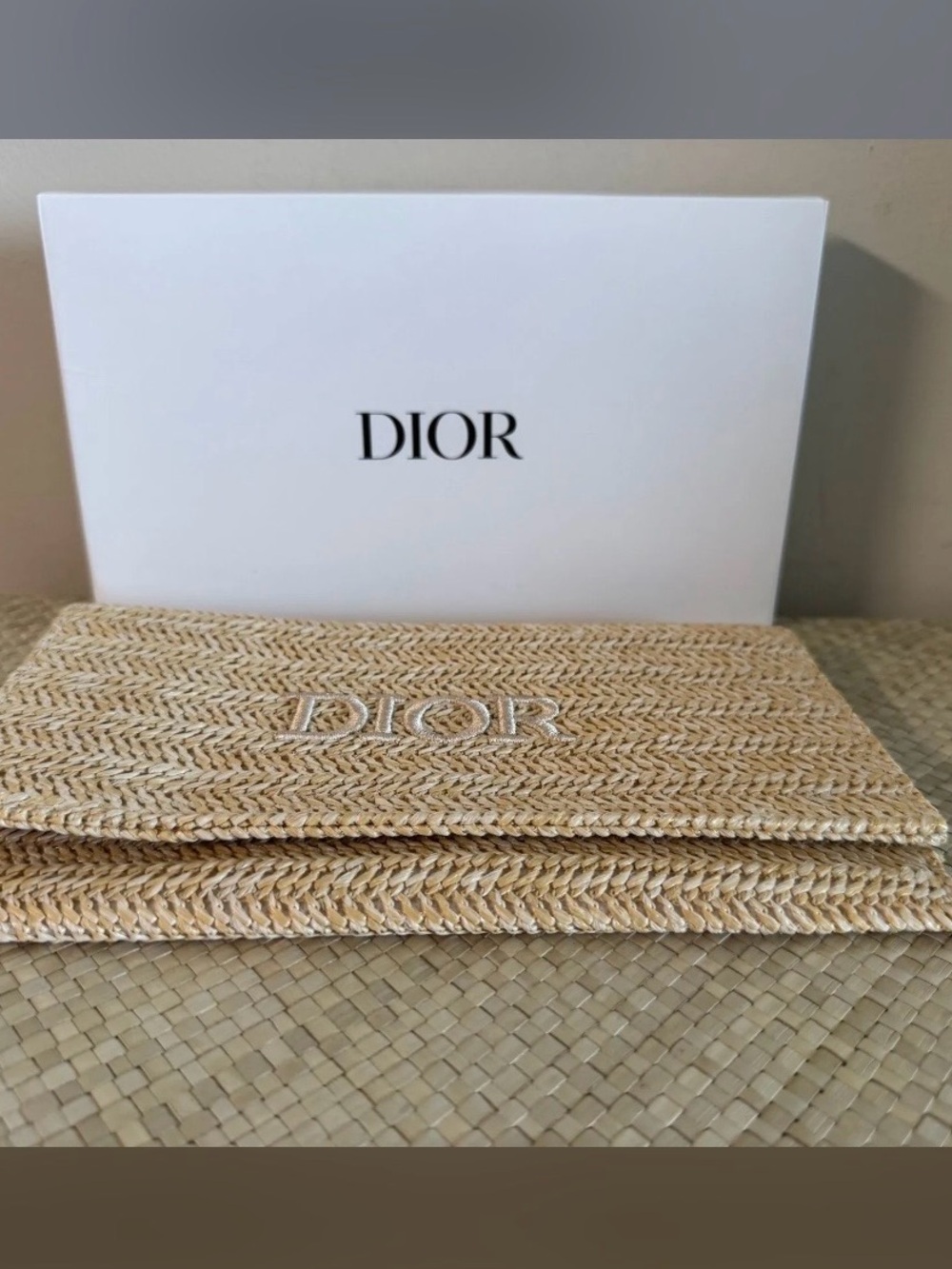 Dior Natural Straw Clutch with Embroidered Logo GWP